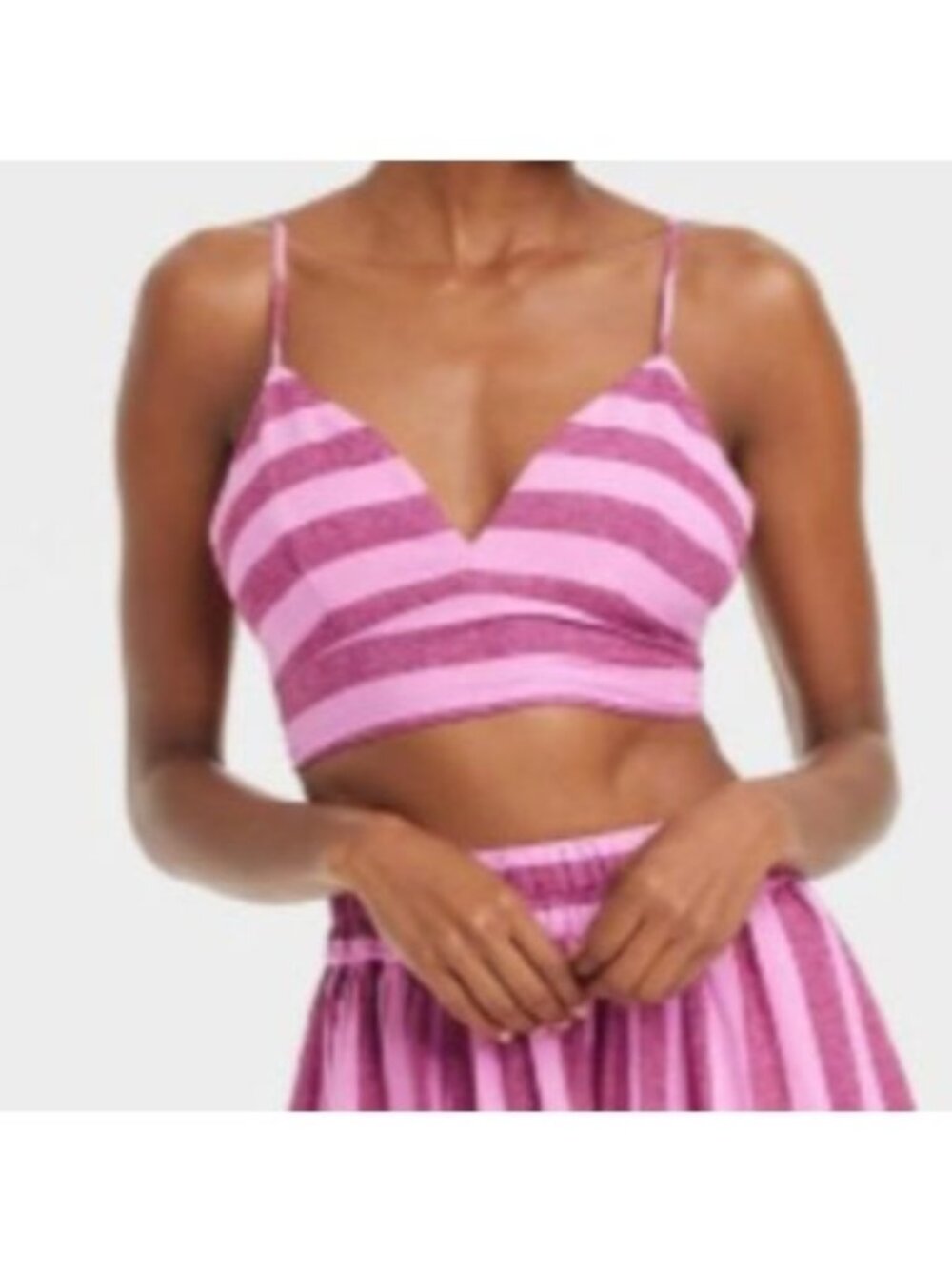 A New Day Beach Bungalow Linen Bralette Crop Tank Top Women Size XL Stripe Pink